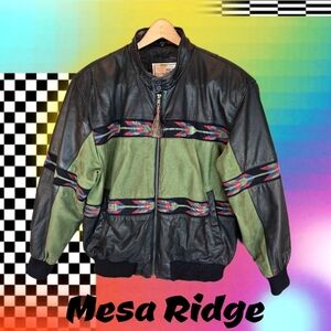 Vtg Mens Mesa Ridge Black Leather Jacket Sz L Green Suede Knitted Insert Casual